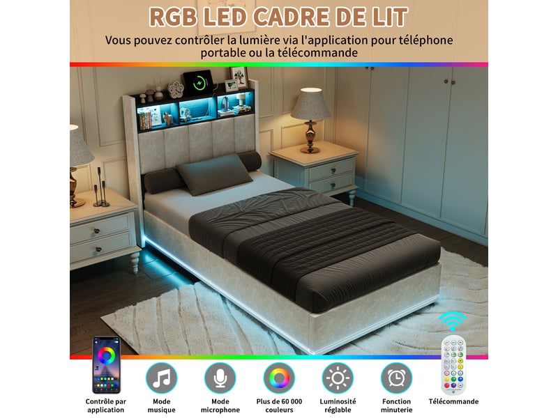  Lit coffre 90x200 cm -lit capitonné simple  - lit rembourré avec rangement hydraulique - usb et led  - Conforama E