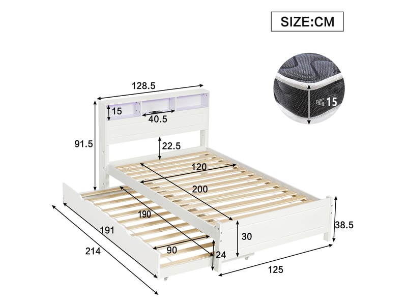  Lit gigogne 120x200(90x190)cm coloris blanc pin et mdf led lit enfant blanc - Conforama C