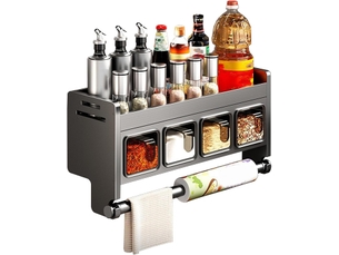 Étagère de cuisine murale sans perçage, étagère à épices suspendue en acier inoxydable avec porte-rouleau de cuisine & 4 boîtes à épices, organisateur