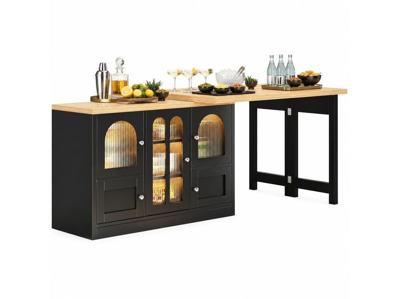  Buffet extensible en table 120-197 cm avec led rgb et plateau pivotant, mdf noir  - Conforama A