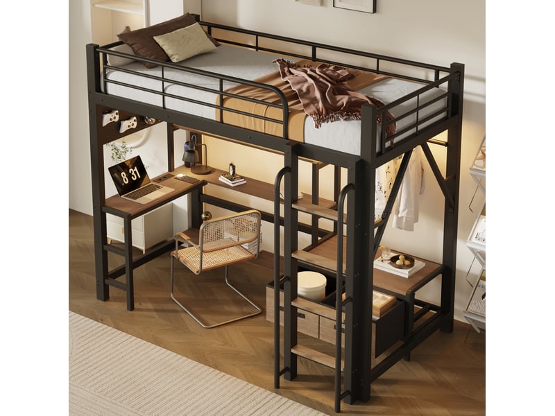 Lit mezzanine enfant 90 × 200 cm avec bureau, led, usb, étagères et tiroirs, sans matelas, métal et mdf noir - Conforama C