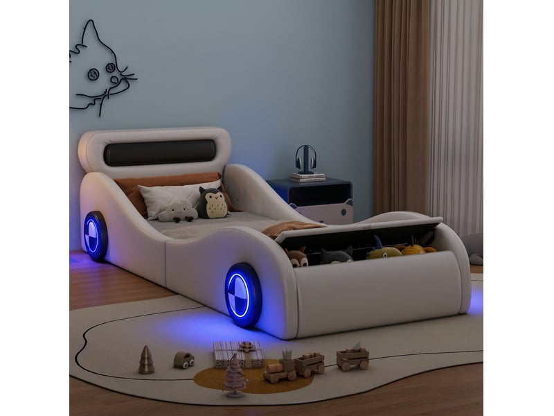  Lit voiture modenvie 90 x 200 cm avec roues lumineuses et rangement pu mdf blanc  - Conforama D