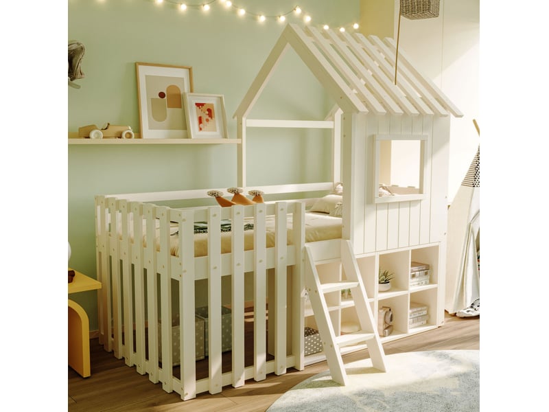  Modenvie lit cabane enfant 90x200 cm - avec rangement ouvert, toit et fenêtres, sans matelas - blanc  - Conforama D