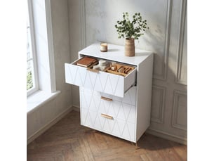 Commode chambre bois 60x34x90 cm, 4 tiroirs, meuble de rangement, anti-basculement, pieds en métal, style moderne luxe léger, blanc