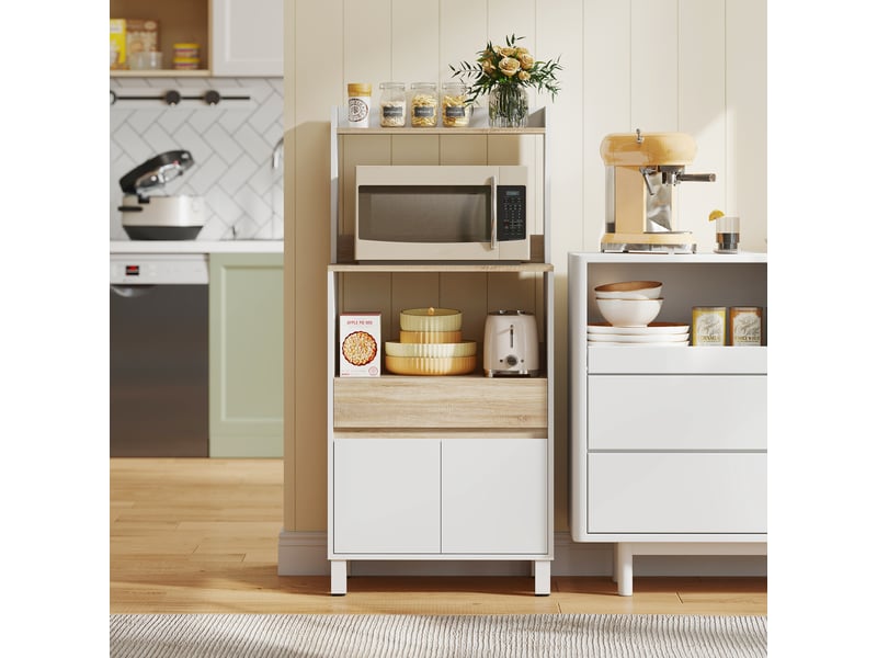  Meuble micro-ondes, buffet de cuisine avec placard, tiroir et étagère, 60 x 40 x 131 cm, chêne et blanc  - Conforama D