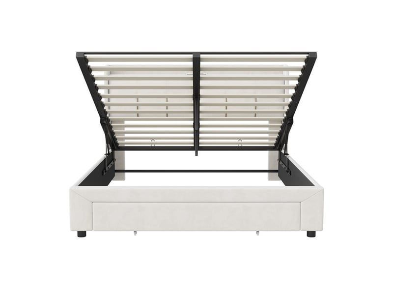  Lit 160x200cm - lit coffre 160x200cm - lit hydraulique avec rangement, tête de lit étagère, prises usb et led - velours beige  - Conforama A