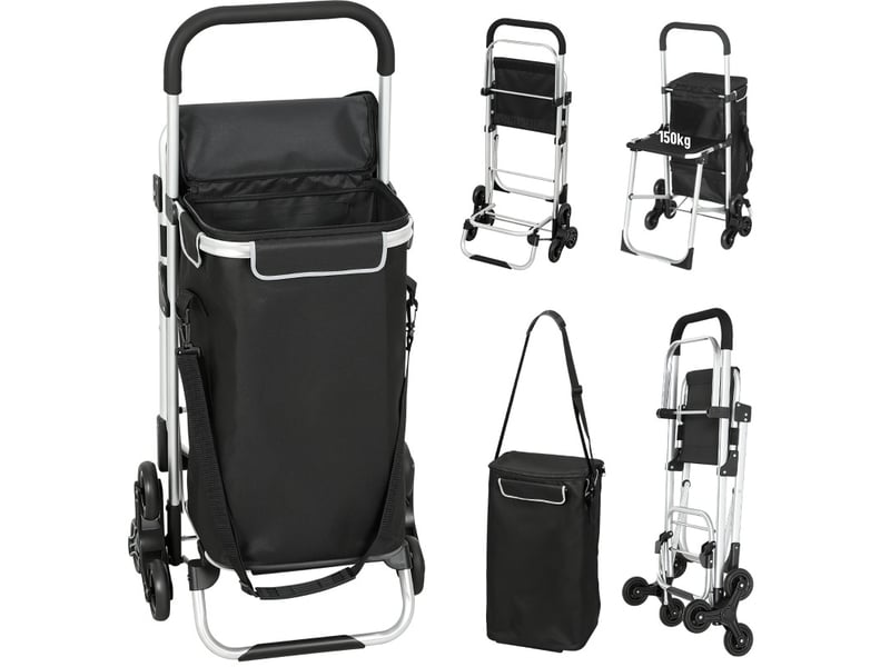  Chariot de courses 3 roues 59,5x46x97 cm – noir – sac oxford 40 l, siège pliant, cadre aluminium pliable  - Conforama A