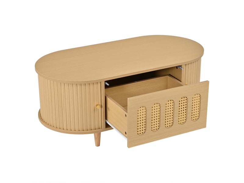  Table basse avec tiroir et portes, 100x50x40 cm, mdf naturel, table de salon couleur bois, design rotin.  - Conforama A