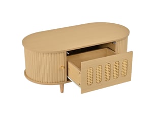 Table basse avec tiroir et portes, 100x50x40 cm, mdf naturel, table de salon couleur bois, design rotin.