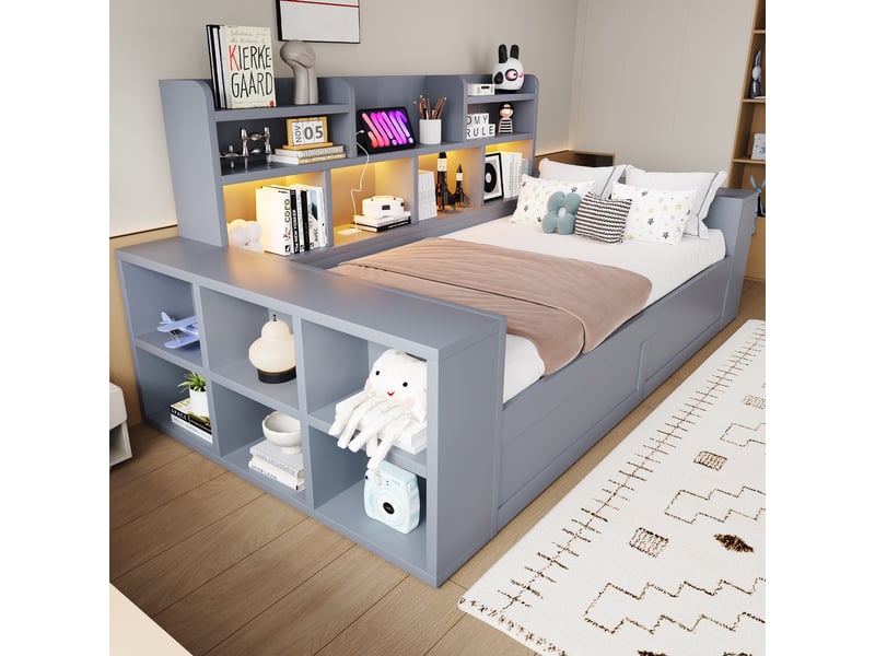  Lit banquette 90 x 200 cm, rangement hydraulique, niches et étagères, prise intégrée et éclairage led, gris evarich - Conforama E