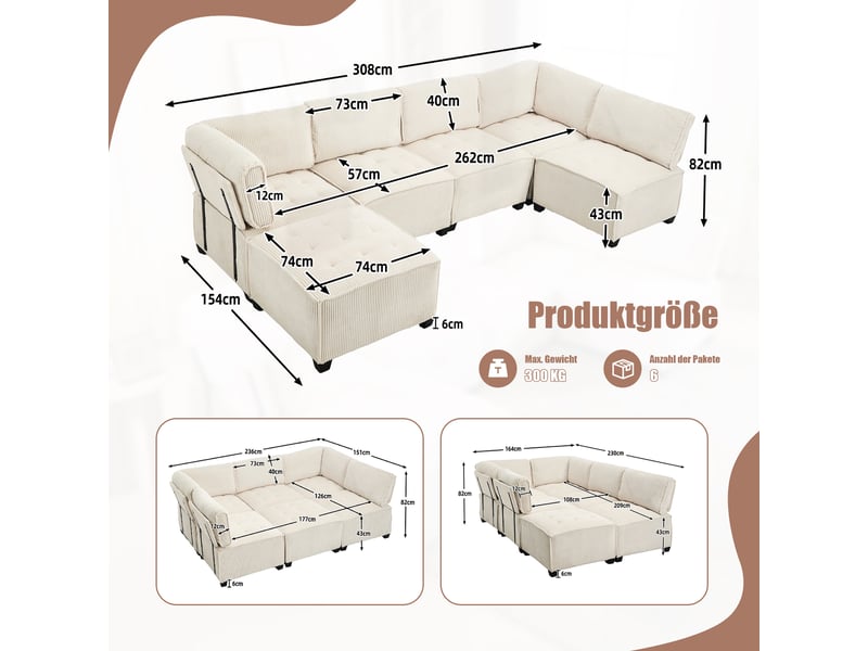  Canapé d’angle modulable 6 places 308x154x81,99 cm, forme u-l et fonction couchage, poches de rangement, structure bois-métal, velours côtelé beige  - Conforama C