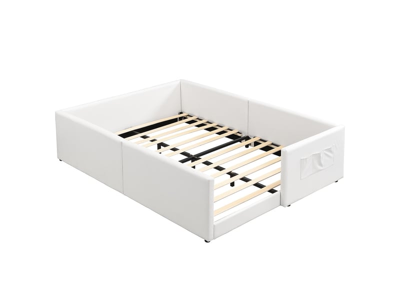 Lit enfant 140x200 cm rembourré pu 3 poches latérales design moderne épuré blanc - Conforama D