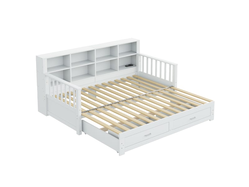  Lit banquette extensible 90x190180x190 cm – blanc – 2 tiroirs, rangement et prise intégrée – sans matelas  - Conforama D