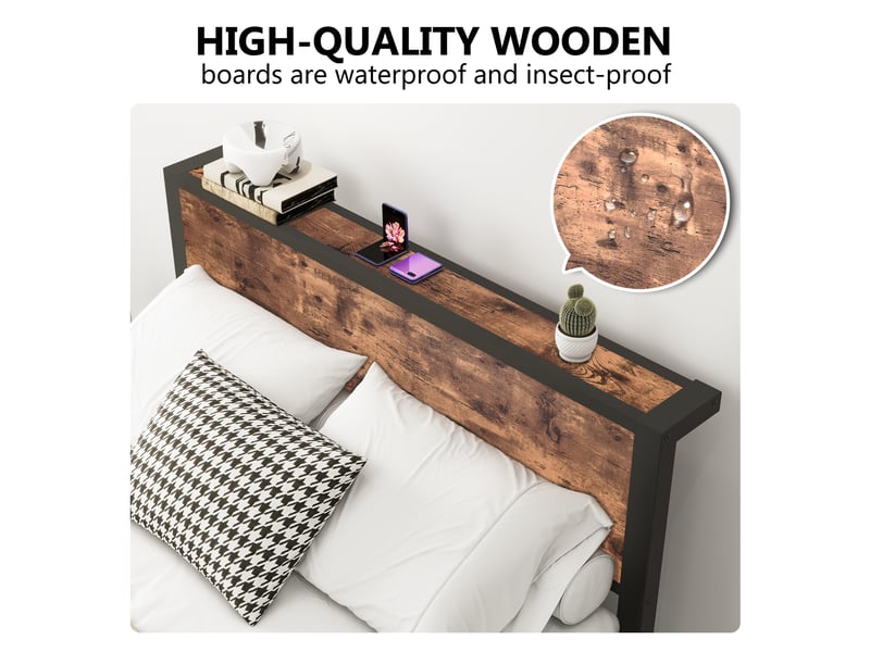  Lit double 140x200 cm avec sommier à lattes, cadre de lit avec tête de lit et espace de rangement, brun vintage, lit 2 personnes  - Conforama E
