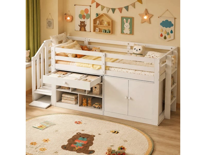  Lit enfant 90x200 cm avec sommier à lattes, structure bois massif blanc et rangement  - Conforama E