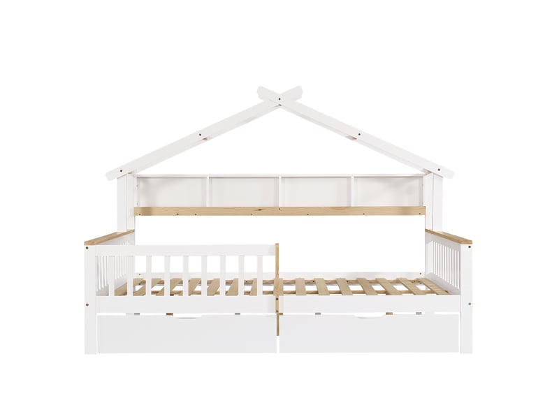  Lit cabane 140x200 cm, lit enfant avec barrière de sécurité et 2 tiroirs, structure en bois de pin massif avec toit et étagère de rangement, blanc  - Conforama D