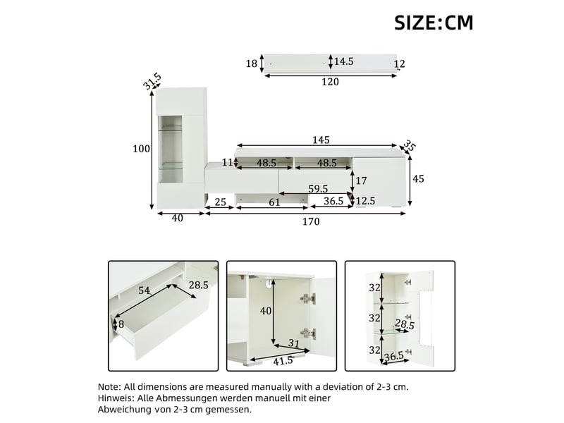  Ensemble meuble tv 3 pièces blanc avec led, finition brillante, pour téléviseur jusqu'à 70 pouces  - Conforama E