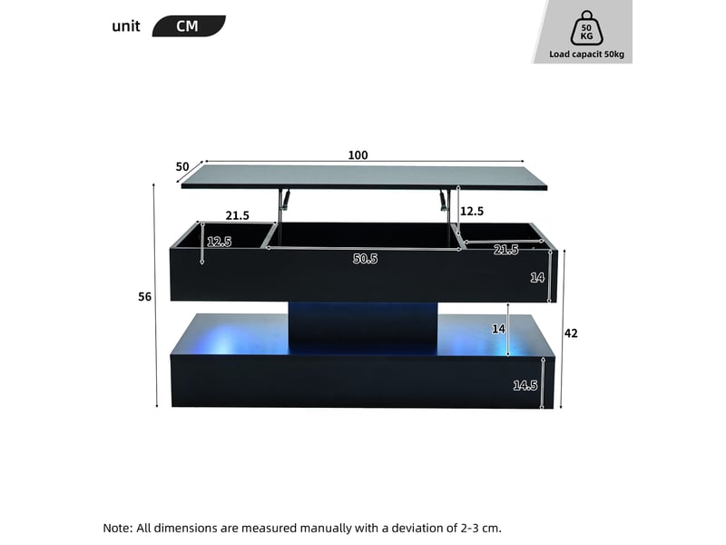 Table basse noire avec plateau relevable, led et rangement 100 x 50 x 42 cm  - Conforama E