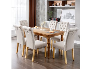 Ensemble de 6 chaises de salle à manger beige en velours, design à boutons, pieds en chêne
