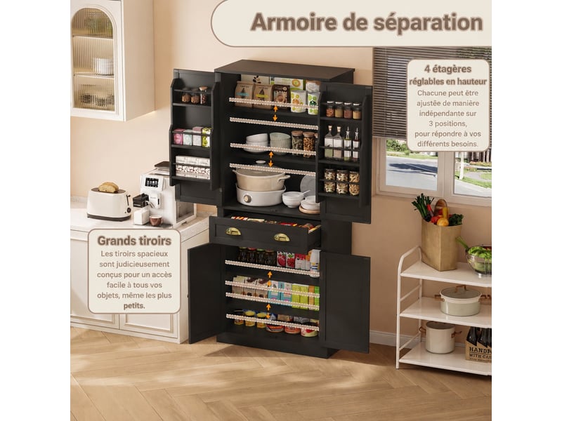  Armoire de rangement de 182 cm, meuble vaisselier avec quatre portes, tiroir et étagères réglables, noire  - Conforama D
