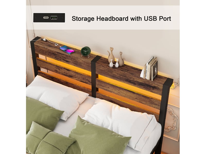  Lit cadre, 120x200 cm, led, ports usb, solution pratique, matelas non inclus, métal et bois, coloris noir et marron  - Conforama E