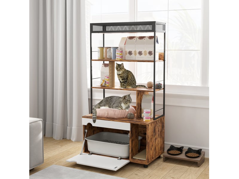  Meuble litière 2-en-1 80 x 48 x 152 cm – marron rustique – 3 étagères, griffoir et porte abattante  - Conforama B