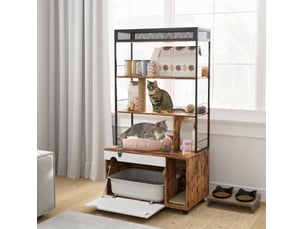 Meuble litière 2-en-1 80 x 48 x 152 cm – marron rustique – 3 étagères, griffoir et porte abattante