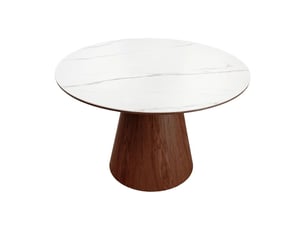 Table de salle à manger lumea – ronde 120 cm – plateau céramique effet marbre blanc – pied plaqué en noyer – style contemporain