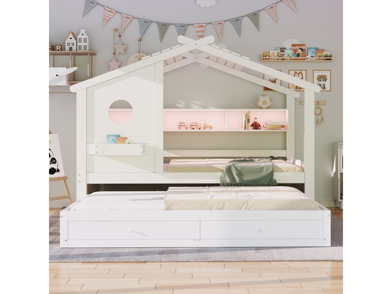  Lit enfant lit simple avec led 90x200 cm avec lit gigogne 90x190 cm lit cabane design en forme de maison avec deux tiroirs et étagères blanc  - Conforama C