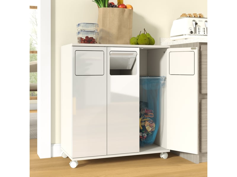 Meuble de tri des déchets 3 portes à roulettes 69,3x35x80 cm blanc brillant - Conforama B