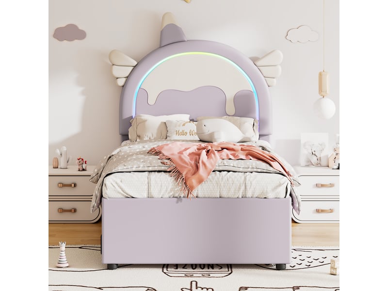  Lit enfant 90 × 200 cm 1 place avec lit gigogne et tiroir, sans matelas, en pu et mdf, violet  - Conforama C