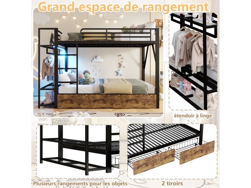  Lit superpose 140x200 cm avec bande lumineuse led et 2 tiroirs, lit enfant avec tringle à vêtements, lit double en noir  - Conforama E