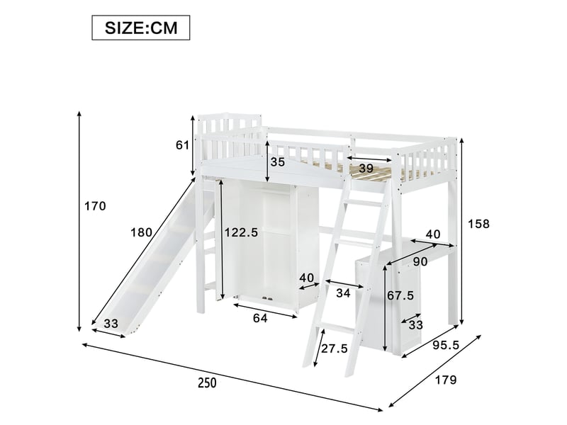 Lit superposé 90x200 cm - lit enfant avec armoire et étagère - protection et toboggan - bois - blanc - Conforama E