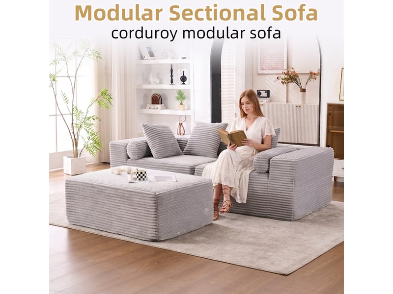  Canapé d’angle modulable,217x110x60,01 cm,3 places avec méridienne,chenille,gris  - Conforama E