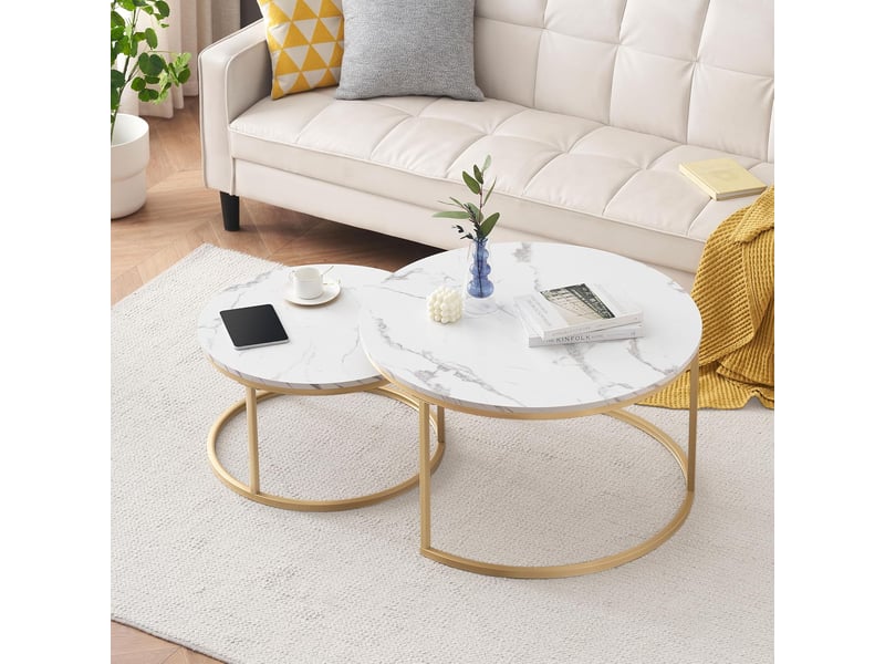  Ensemble de 2 table basse gigogne ronde 80x80x4560x60x33.5 cm, blanc et dore  - Conforama D
