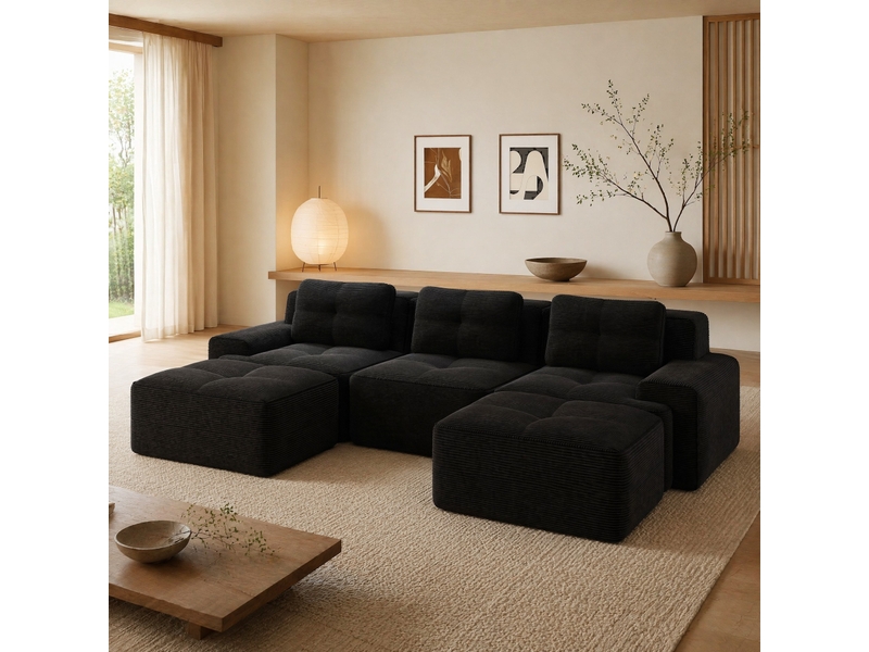  Canapé modulaire en u 3 places avec ottoman en velours côtelé noir  - Conforama D