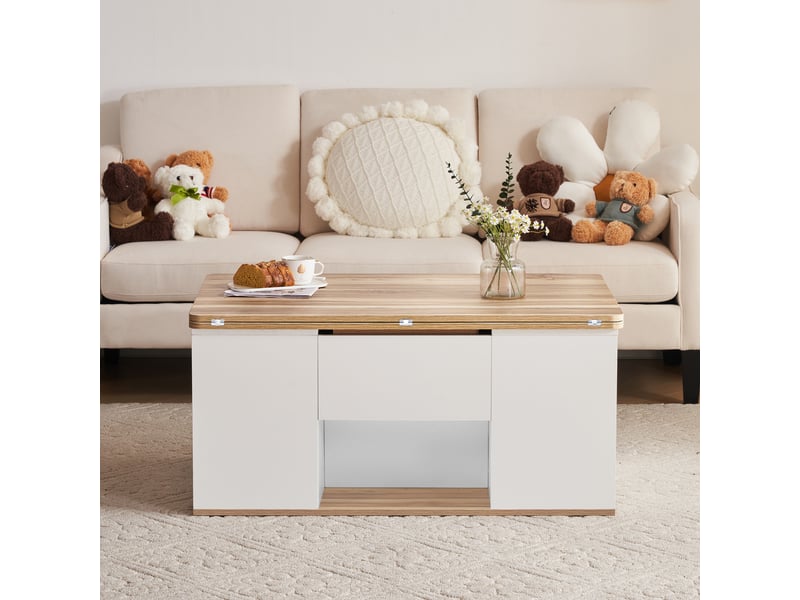 Table basse relevable blanche et bois, table de salon multifonction avec plateau extensible 2 en 1 et rangements, 100x51x47 cm - Conforama C