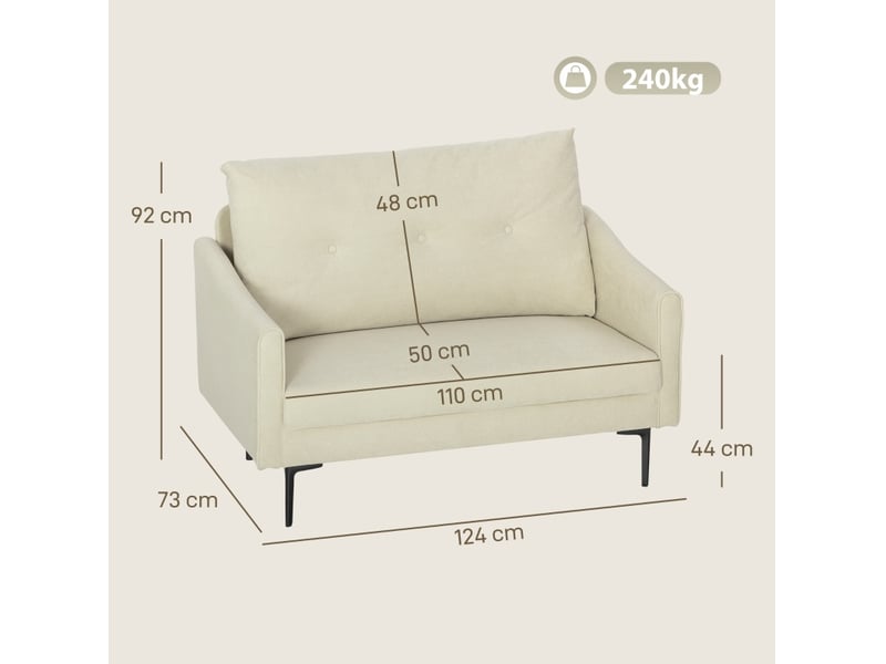  Canapé droit fixe 2 places en tissu beige 124 cm, mousse 16 cm et dossier capitonné, pour petits espaces  - Conforama C