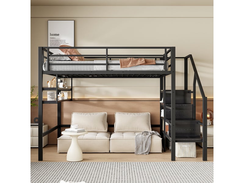 Lit mezzanine enfant 140 × 200 cm 2 places avec étagères, escalier de rangement et barrière, sans matelas, métal noir - Conforama B