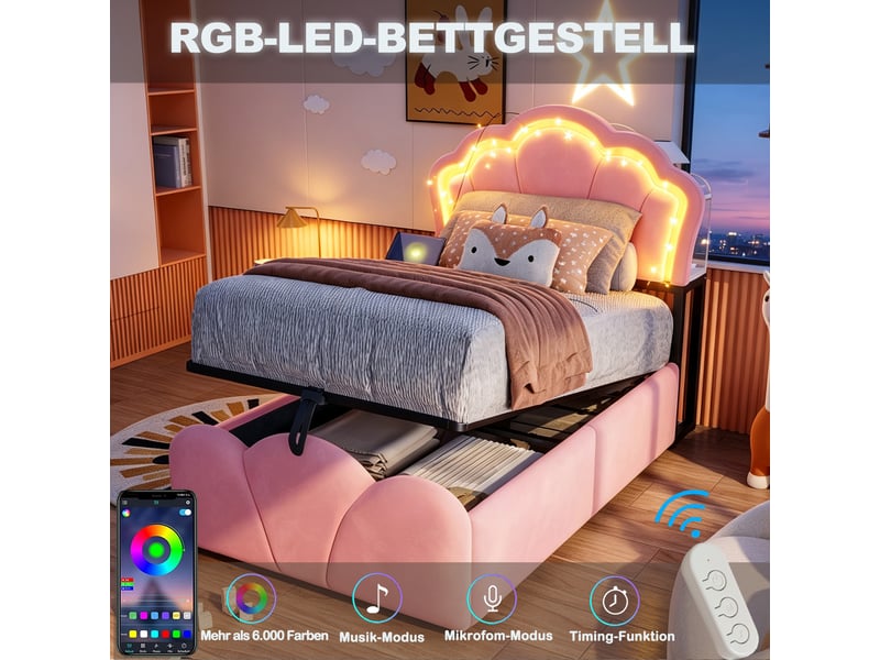  Lit coffre 90x200 cm, lit enfant, rangement hydraulique, led, motif floral, velours rose  - Conforama E