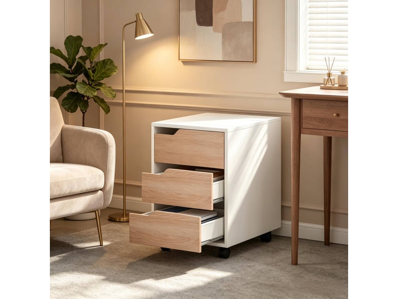  Caisson de bureau mobile 40 x 50 x 57,5 cm blanc et chêne, 3 tiroirs, roulettes avec freins pour documents  - Conforama E