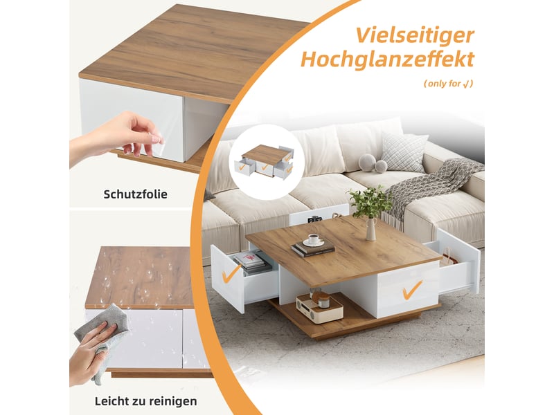  Table basse carrée avec 3 tiroirs et rangement pour salon en panneaux de particules 70×70×31,5 cm blanc noyer  - Conforama C