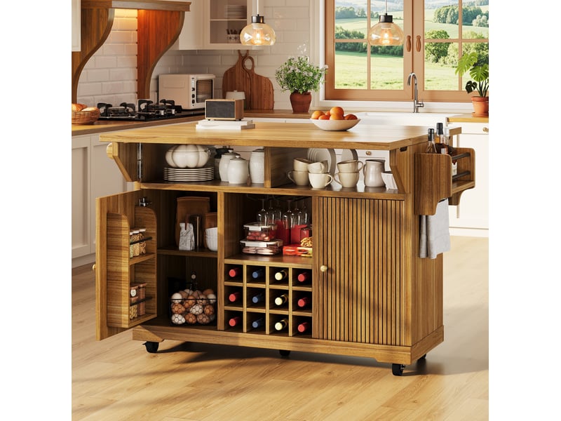  Desserte de cuisine avec plateaux rabattables, étagères réglables et porte-bouteilles, 142,5 × 80 × 95 cm  - Conforama D