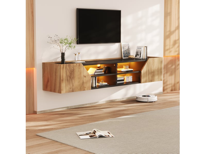  Meuble tv mural 180x36,5x40 cm, 6 rangements, led rgb bluetooth, mdf, panneaux de particules, noir et bois naturel  - Conforama B