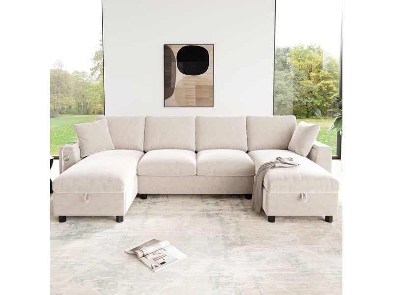  Canapé en u 279x135x84 cm avec rangement, 1 port usb et 1 port type-c, chenille, beige  - Conforama C