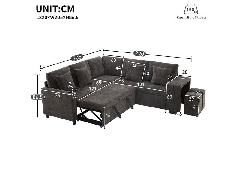 Canapé d'angle 220x205x86,5cm, espace de rangement, porte-gobelets, coussins, structure en bois, tissu chenille, gris - Conforama C