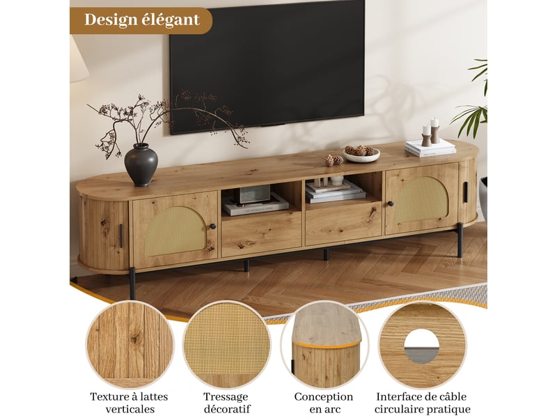  Meuble tv ovale avec portes coulissantes et 2 tiroirs - rangement avec passe-câbles, mdf effet bois naturel  - Conforama C
