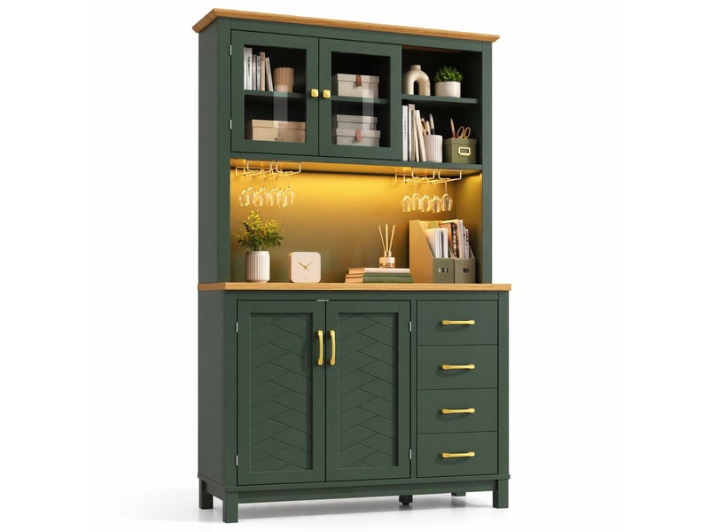  Buffet de cuisine 4 portes, 4 tiroirs, led et porte-verres, 105,5 x 40 x 180 cm, vert  - Conforama A