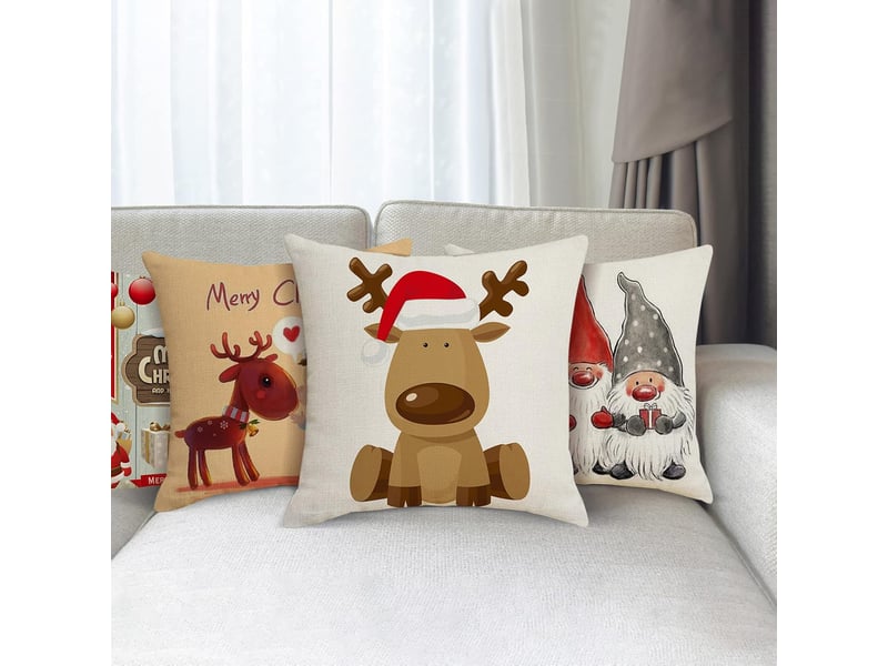  Housses de coussin de noël 45 x 45 cm, lot de 4, décoration en lin pour la maison, le salon, le canapé - lit, décoration de noël, marron  - Conforama E