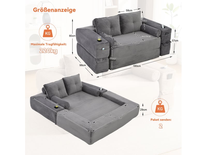  Canapé convertible 2 places avec mousse, ressorts, poches latérales et porte-gobelet en velours côtelé gris foncé  - Conforama C